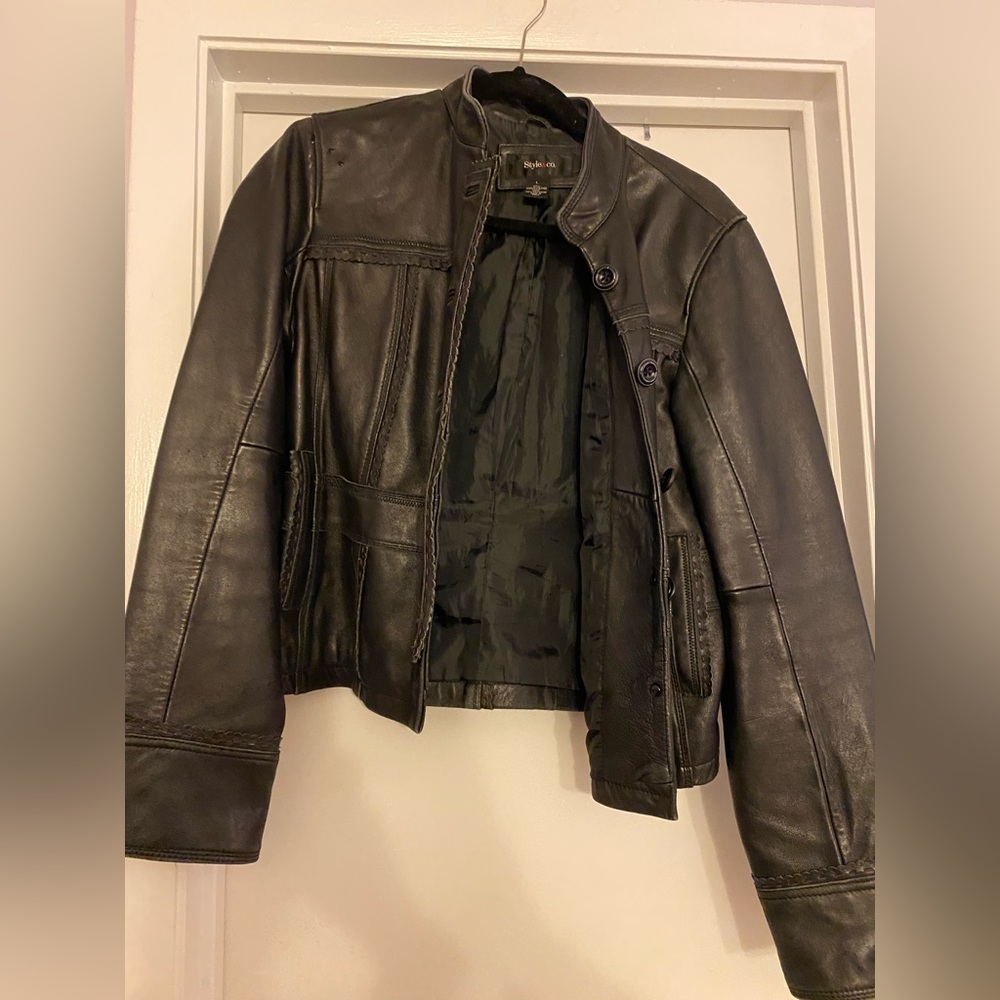 Style&co Black Leather Jacket with purple stitching